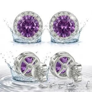 S925 Sterling Silver Purple Amethyst Stud Earrings | Romantic Birthday Gift for Wife | Unisex Hypoallergenic 14K Gold Plated Stress Relief Earrings for Women Men