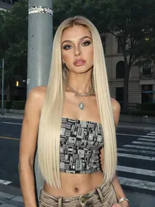 Brown to Blonde Ombre Lace Front Glueless Beginner Wig 28 Inch Straight Synthetic Hair 13x4 HD Transparent Lace Free Part Heat-Resistant Pre-Plucked Hairline for Daily & Party Wear