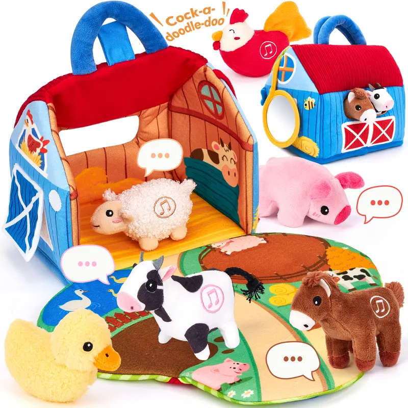 hahaland Surprise Barn Playset with Stuffed Farm Animals & Real Sounds /Jungle Plush Animal Set with Sounds & Words- Kids Toys, Toddler Sensory Products, Montessori Educational Language Toy for 6-Month-Old, 1-Year-Old, Baby Shower Gift