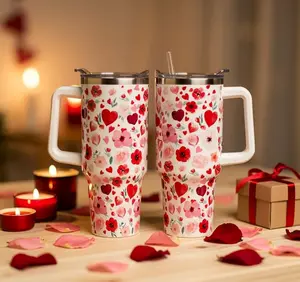 Valentine Floral Hearts 40oz Insulated Stainless Steel Tumbler with Handle & Straw Lid – Red Pink Flower Heart Pattern, Cute Valentine Gift for Her, Hot & Cold Travel Cup, Large Reusable Drinkware