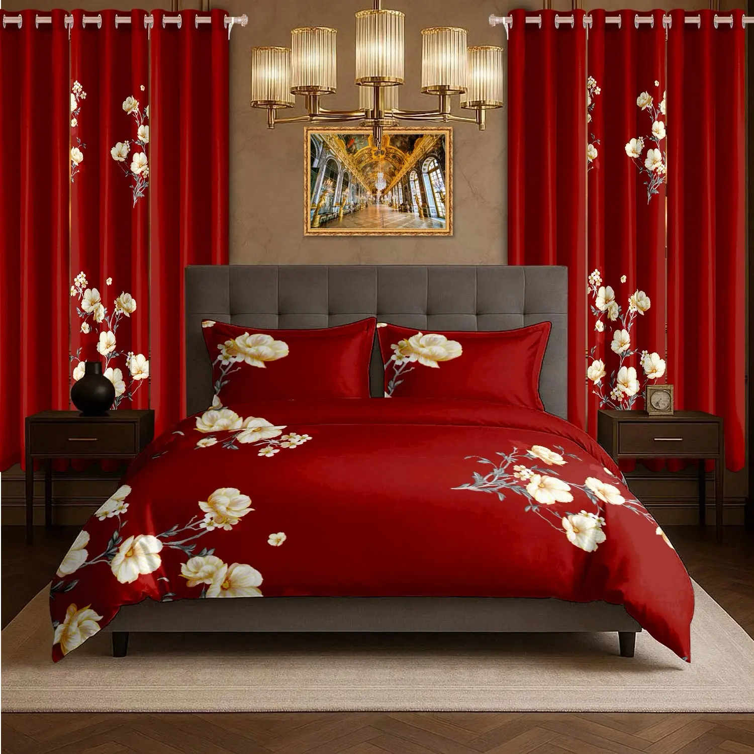 【Limited Time Deal】Luxury Red Peony 9-Piece Quilt Set with 6 Curtains, 2-in-1 Lightweight Quilt, Ultra-Soft Microfiber, Machine Washable, Queen/King/Cal King | NOT Thick Comforter & NOT Blackout Curtains