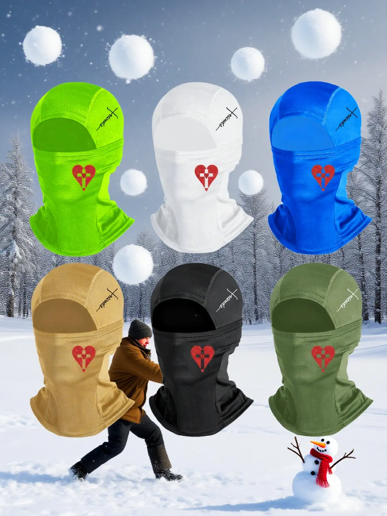 Cross & Heart Print Ski Mask for Men Women, Halloween Balaclava Headwear Face Cover, Loose-Fit Woven Fabric, All-Season Outdoor Sports Gear