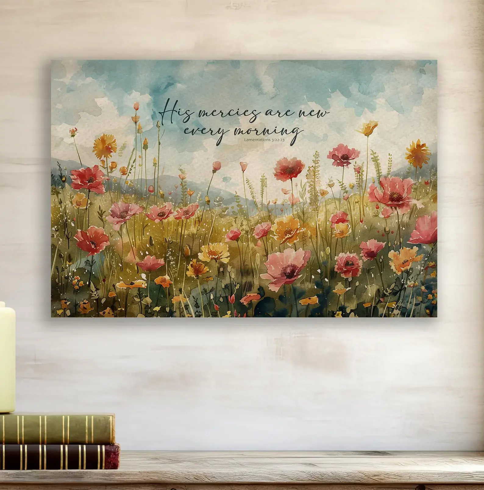 Lamentations 3:22-23 Religious Wildflower Canvas Wall Art - His Mercies Are New Every Morning Quote - Botanical Spring Floral Framed Print for Bedroom & Living Room summerwins