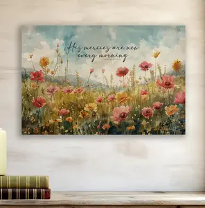 Lamentations 3:22-23 Religious Wildflower Canvas Wall Art - His Mercies Are New Every Morning Quote - Botanical Spring Floral Framed Print for Bedroom & Living Room summerwins,summerwins