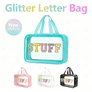 Clear Makeup Organizer Bag with Chenille Glitter Letter Patches "STUFF" Preppy Cosmetic Bag Travel Essentials Spring 2026 Waterproof PVC Toiletry Bag Stadium Approved Easter Gift for Her