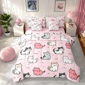 7-Piece Cute Cat Cartoon Animal Bed in a Bag,Kawaii Kitten Pet Themed Comforter Set(Comforter,Fitted Sheet,Flat Sheet,Pillowcases,Throw Pillow Covers)