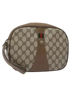 Pre-owned GUCCI Canvas Clutches & Wristlets GG Supreme Web Sherry Line Clutch Bag PVC Beige