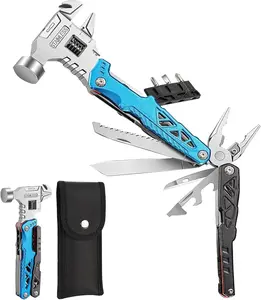 18-in-1 Multitool Hammer with Adjustable Wrench, Stainless Steel Multi Tool Pliers All-in-One Survival Camping Tool Gift with Pocket Knife Hammer Saw Screwdrivers Bottle Opener Carrying Pouch