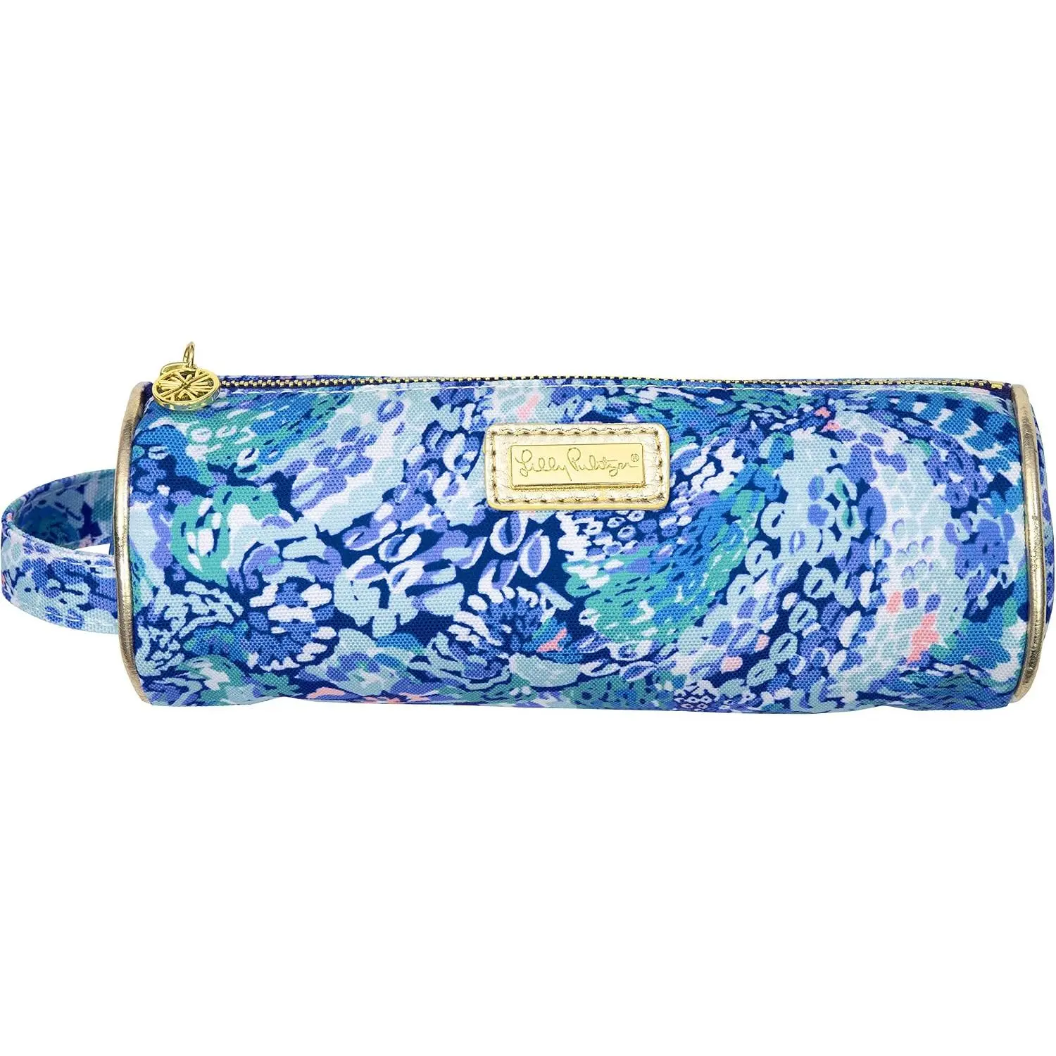 Lilly Pulitzer Cute Zipper Pouch, Wave After Wave| Colorful Pencil Case with Zip Closure for Office Supplies, Small Slim Travel Bag with Carrying Loop Handle and Gold Details