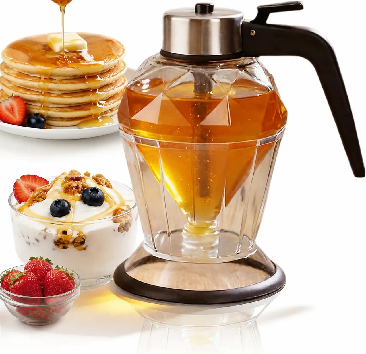 8oz No Drip Glass Honey Dispenser with Plastic Top - Honeycomb-Style Syrup Server and Bee-Themed Storage Jar with Stand - 6"