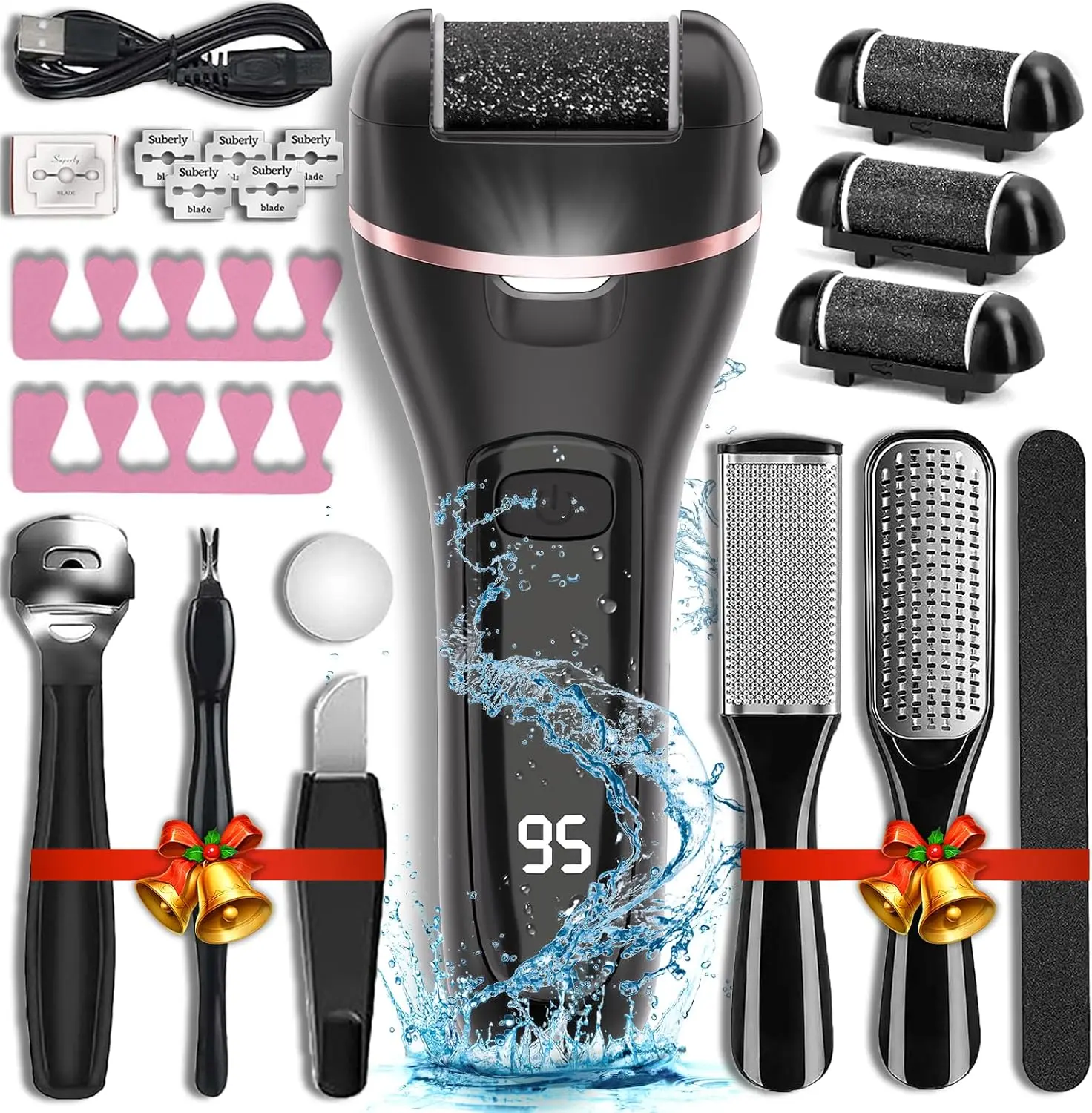 Wea&Hea Electric Foot Callus Remover, 17-in-1 Pedicure Kit | Rechargeable waterproof design with 3 roller heads and 2 speeds for at-home foot care