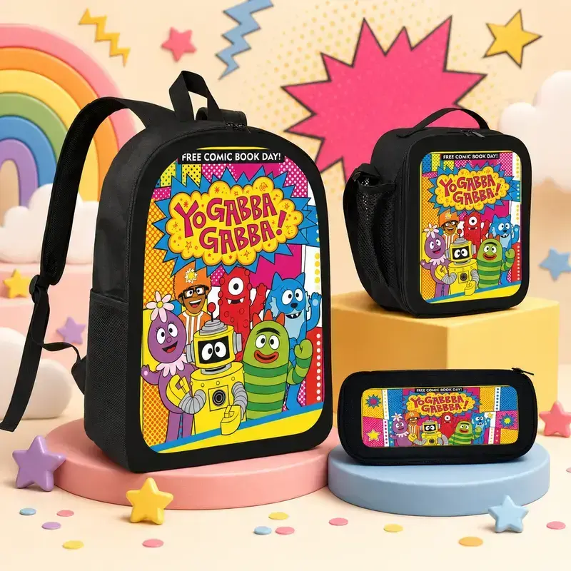 Cute Yo Gabba Gabba backpack, lunch bag, and pencil case set—lightweight yet spacious, featuring adjustable straps and zipper closures; perfect for students and a back-to-school essential.