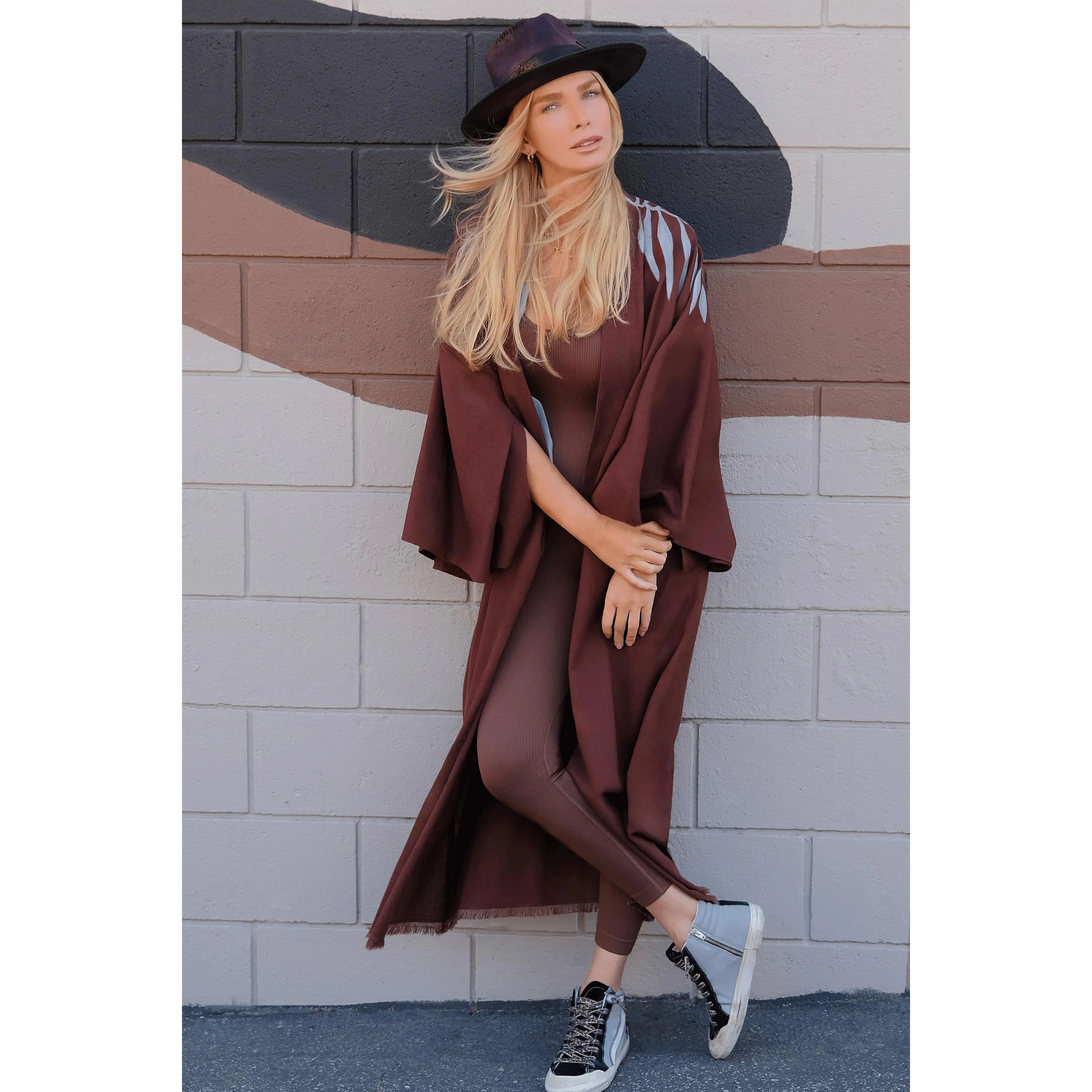 Women's Hand-Painted Linen Cotton Kimono Cape - Leaf Stripes, Full Length, Open Front, Fringe Hem, Hand-Pleated Cape-Like Sleeves, Soft Washed, Artistic Style, Botanical Print, Casual Garment for Workwear Uniforms, Layerable Clothes