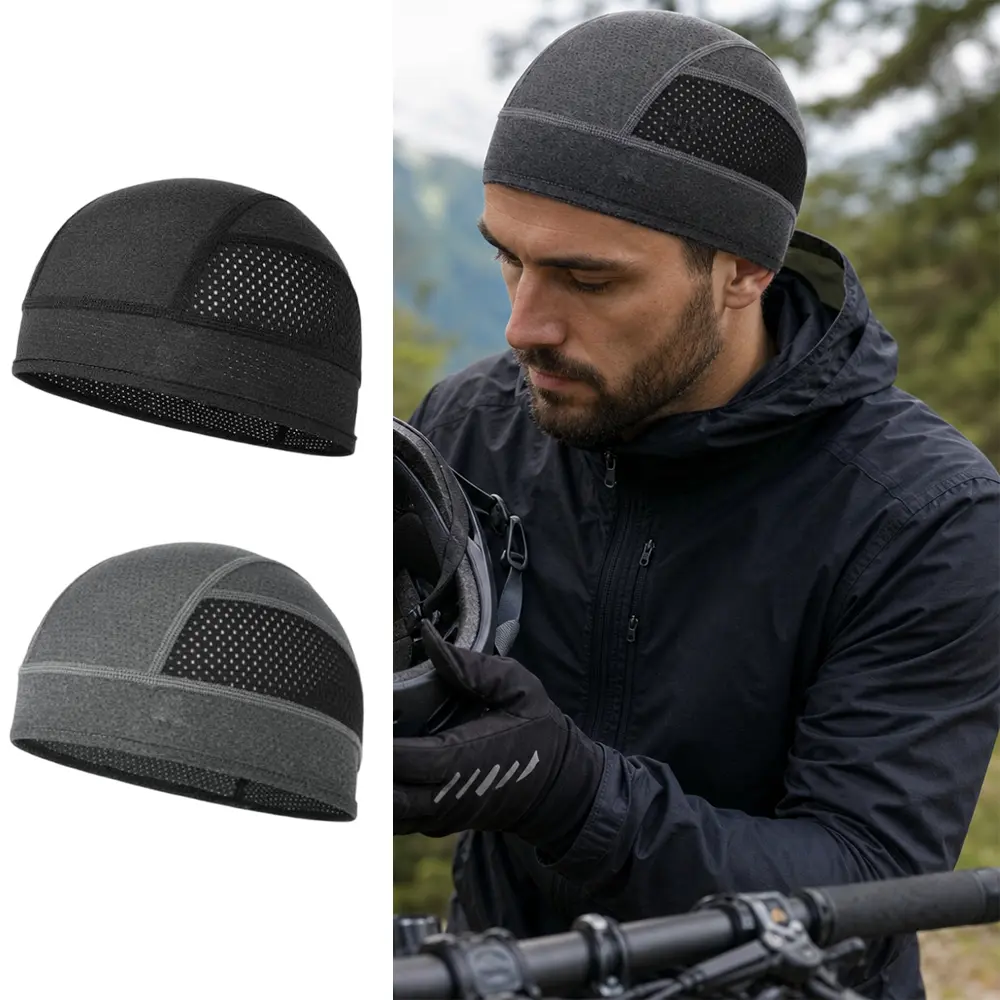 2PCS High Stretch Sweat Wicking Helmet Liner Cap, Mesh Breathable Sports Skull Hat, Unisex Thin Undercap for Motorcycle Cycling Outdoor Activities