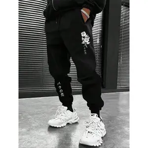 Men Floral Japanese Letter Graphic Drawstring Waist Sweatpants Sweat Pant Plain Black Urban Fashion Jogger, Casual All-Season Men's Clothing, Menswear
