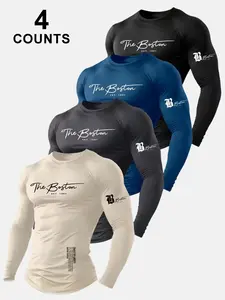 Men's Athletic Letter Print Round Neck Long Sleeve T-Shirt Set, Casual Outdoor Sportswear, Spring & Fall Fitted Top, 4 Pieces