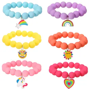 Unicorn Beads Pendant Bracelet for Kids - 6PC with Rainbow, Sunflower, and Heart Charms, Good Friend Gift, Birthday Present Friendship Bracelet