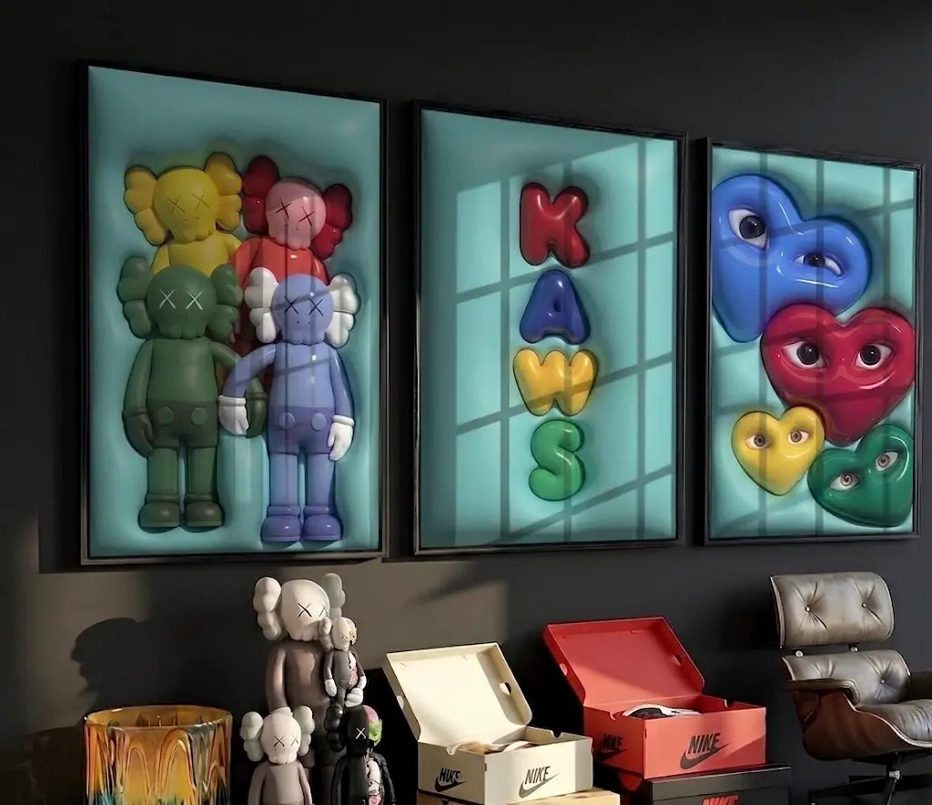 Set of 3 HypeBeast Room Decor Cool Wall Art Set DIGITAL DOWNLOAD, 3D KAWS Wall Art Bundle, HypeBeast Wall Art, Trendy Wall Art, 3D Wall Deco