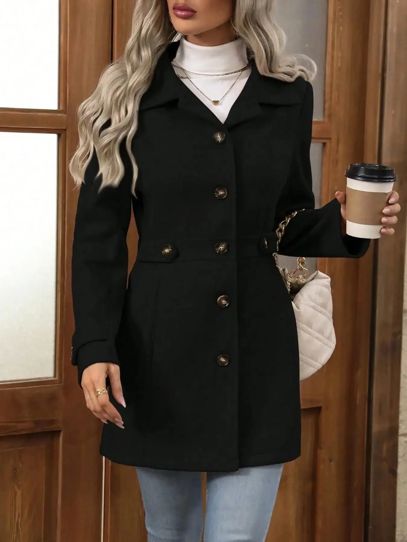 Autumn Winter Elegant Women's Coat Jackets, Single Button Design, Slim Fit, Reversible Collar, Fashion Plain Color, Medium Length Woolen Overcoat