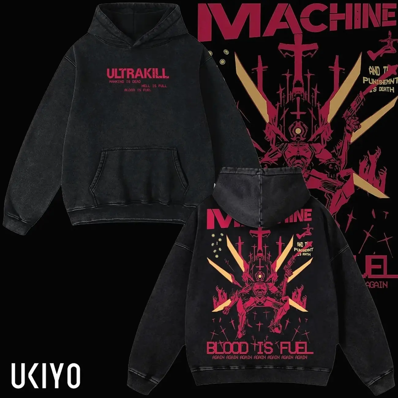 Ultrakill Hoodie Mankind Is Dead Hell Is Full Blood Is Fuel Gaming Merch Vintage Acid Wash Oversized Heavyweight Cotton Graphic Streetwear Sweatshirt Unisex L9W
