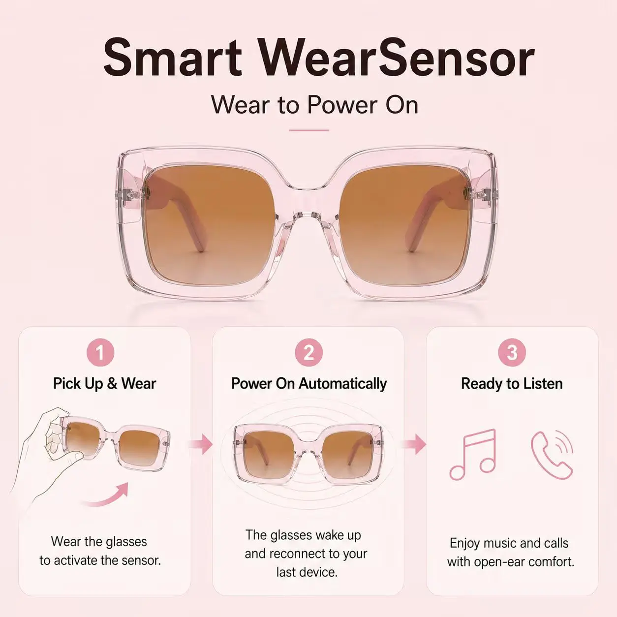 2026 Modern Chargeable Plastic Smart Glasses - Bluetooth 6.0 Wearable Wireless Audio Device with Mic, UV Protection, Hands-Free Calling, Music Player, Charging Cable, Cleaning Cloth, Glasses Pouch for Drivers/Sports
