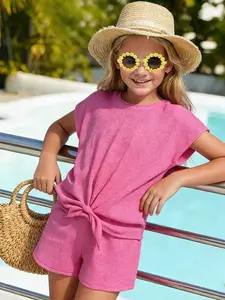 2Pcs Girls Waffle Knit Outfits Short Sleeve Tie Front Top and Shorts Set Pink Casual Vacation Clothes