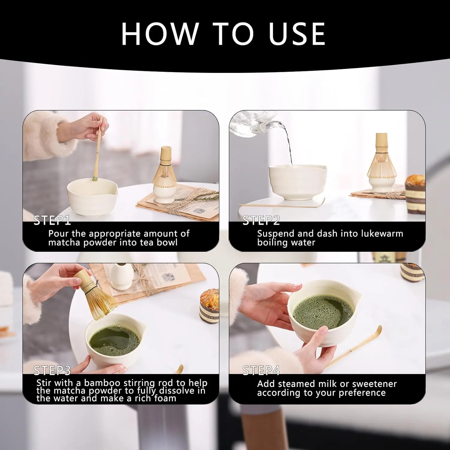Traditional Japanese Matcha Ceremony Tea Set - Cream White Ceramic Bowl, Bamboo Matcha Whisk, Scoop, Holder - Ideal for Authentic Preparation, Gifting, Authentic Matcha Preparation