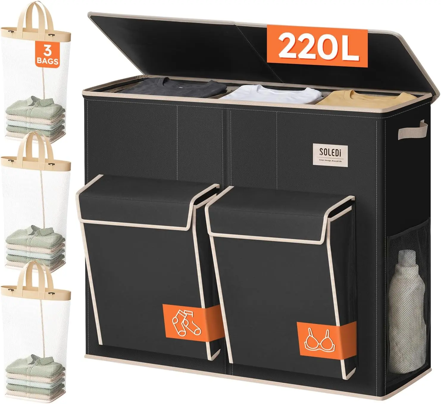 SOLEDI 220L Extra Large Hamper with Lid, 3-Section Sorting Design, 2 Side Pockets, Removable Bags for Lights & Darks, Laundry Baskets for Laundry Room, Bedroom,home decor handle easy-carry high-capacity lbs Canvas laundry baskets
