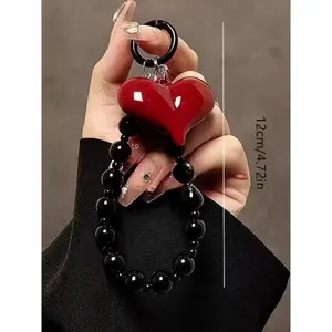 Red Heart Black Bead Mobile Phone Lanyard - Keychain Accessories, Suitable For Decorating Phone Cases, Wallets, Heart-Shaped Design, Fashionable Lanyard, Accessories, Cell Phone Charm, Fashion Enthusiasts, Phone Charms