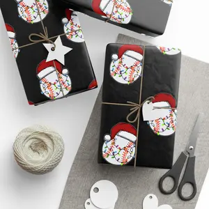 Santa Baseball Christmas Wrapping Paper – Black Background, Holiday Gift Wrap 30" x 36" Glossy Finish