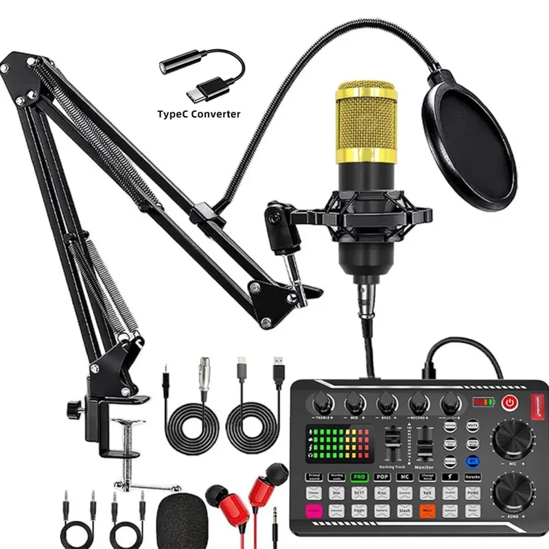 Safring USB Rechargeable BM-800 Condenser Microphone Bundle - Sinwe Audio Mixer, Live Sound Card, Voice Changer, Stand, 4 Data Cables, PC/Smartphone Cable, 120 kHz, High Signal-to-Noise Ratio, Windows, iPads, Home-Studio Podcast Streaming Equipment