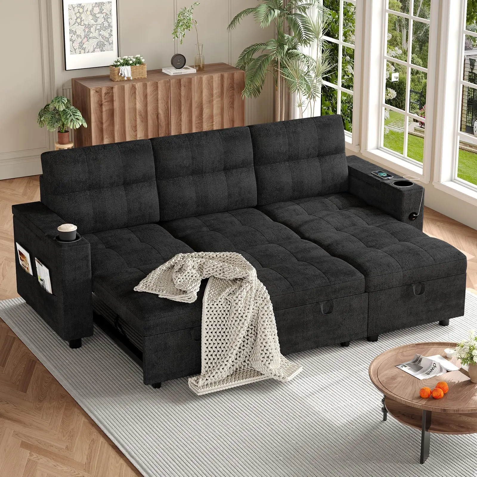 Garvee Velvet Sectional Sofa Bed with Chaise Lounge, Convertible Sleeper Couch with Storage Armrest, Cup Holders, USB-A & USB-C Ports, Ideal for Living Rooms and Home Use