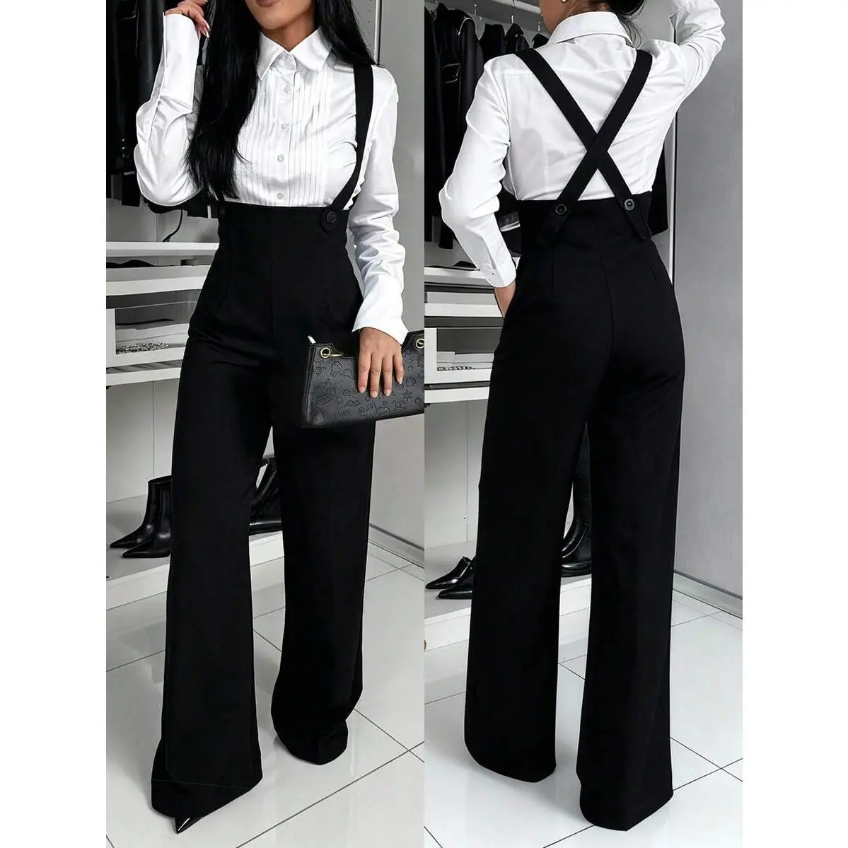 Ladies' elegant solid color sleeveless wide-leg one-piece suit, suitable for commuting