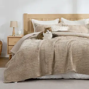 Quilt Set  Size, Luxury  Comforter for  Season, Lightweight Soft Quilted Bedding Set, Striped   Bedspread Coverlet with 2 Pillow Shams, Taupe