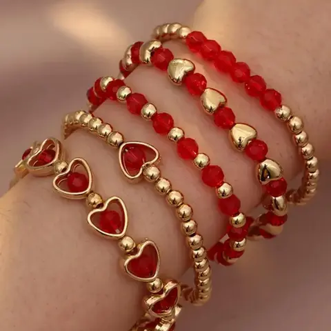 Mother's Day Gift 5pcs Boho Style Heart Beaded Bracelet Set for Women, Heart Charm Bracelet, Matching Heart Bracelets, Layered Design Stackable Bracelets, Stacking Bracelet, Stacked Bracelets, Soft Pottery Chain, All Season Collection, Trendy Stack Bangle