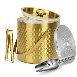 3L Insulated Ice Bucket with Lid, Double Wall Stainless Steel Ice Bucket with Filter, Ice Scoop & Tongs, Gold Champagne Bucket for Cocktail Bar, Party, Wine & Beverage Cooling