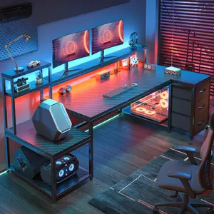 【3 Fabric Drawers】71" L Shaped Gaming Desk with Power Outlet & LED Lights, Gamer Computer Desk with Drawers, Reversible Home Office Table with Storage & Monitor Stand Corner Desk, Black Carbon Fiber Finish, Black