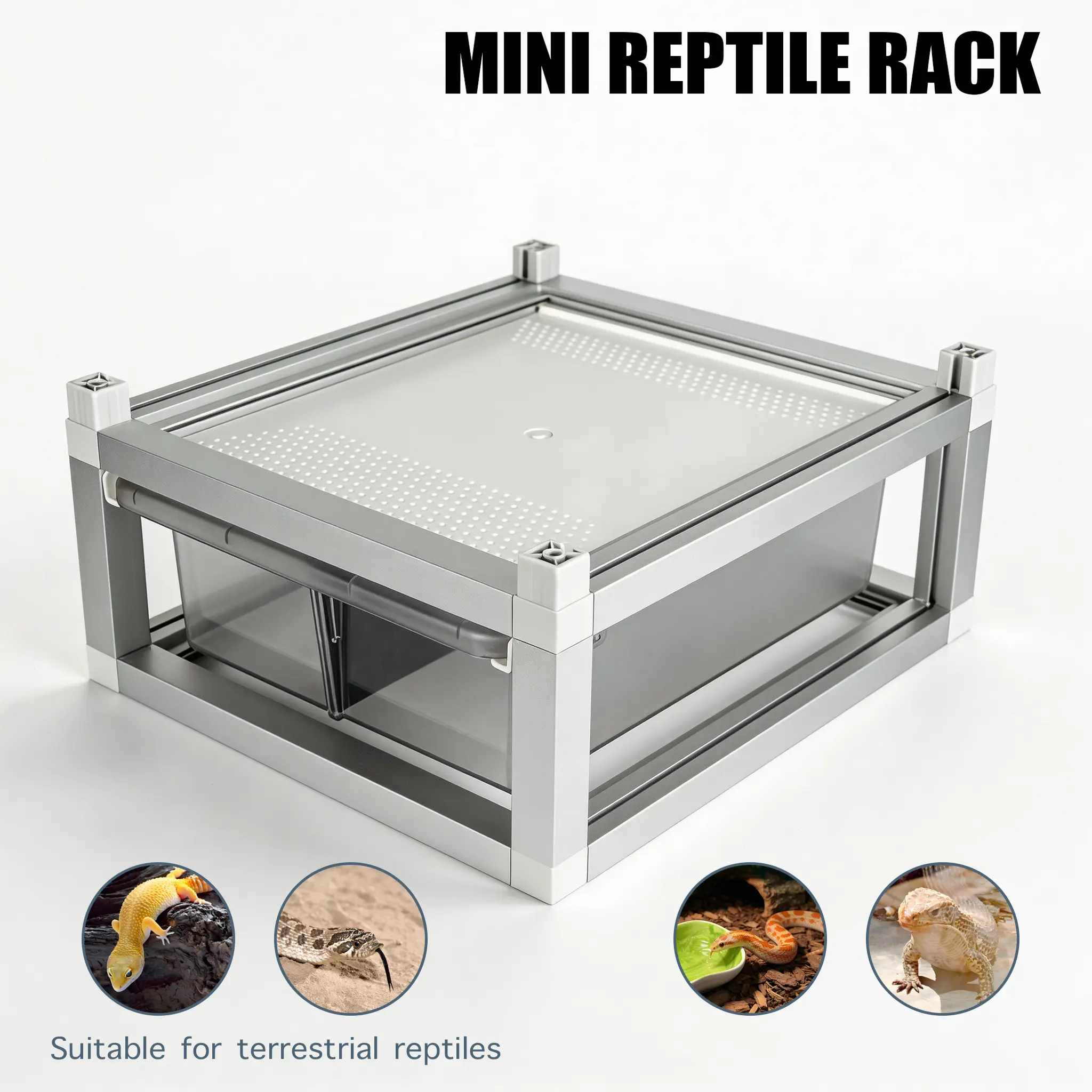 Stackable Reptile Rack with Base, 13x10x4 Inch Drawer Bin Enclosure with PE  Bin and Ventilated Lid, Modular Reptile Rack Habitat for Ground Reptiles – Compatible with 13x10x8 Rack System Terrarium tank