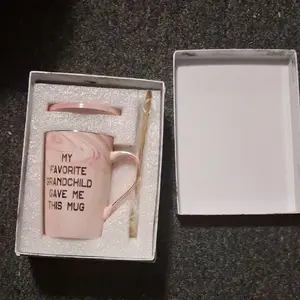 My Favorite Grandchild Gave Me This Mug - Pink Marble Design with Gold Handle and Spoon - Perfect Gift for Grandparents