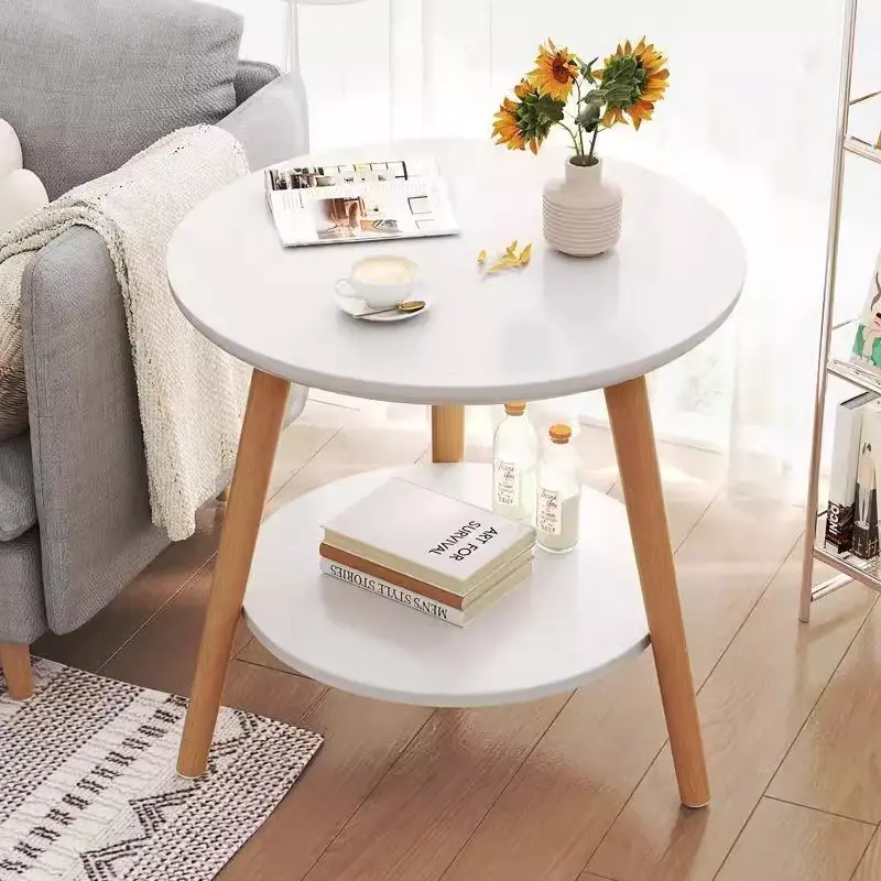 Nordic 2-Tier Round Side Table Solid Wood Leg End Table Storage Nightstand for Living Room Bedroom
