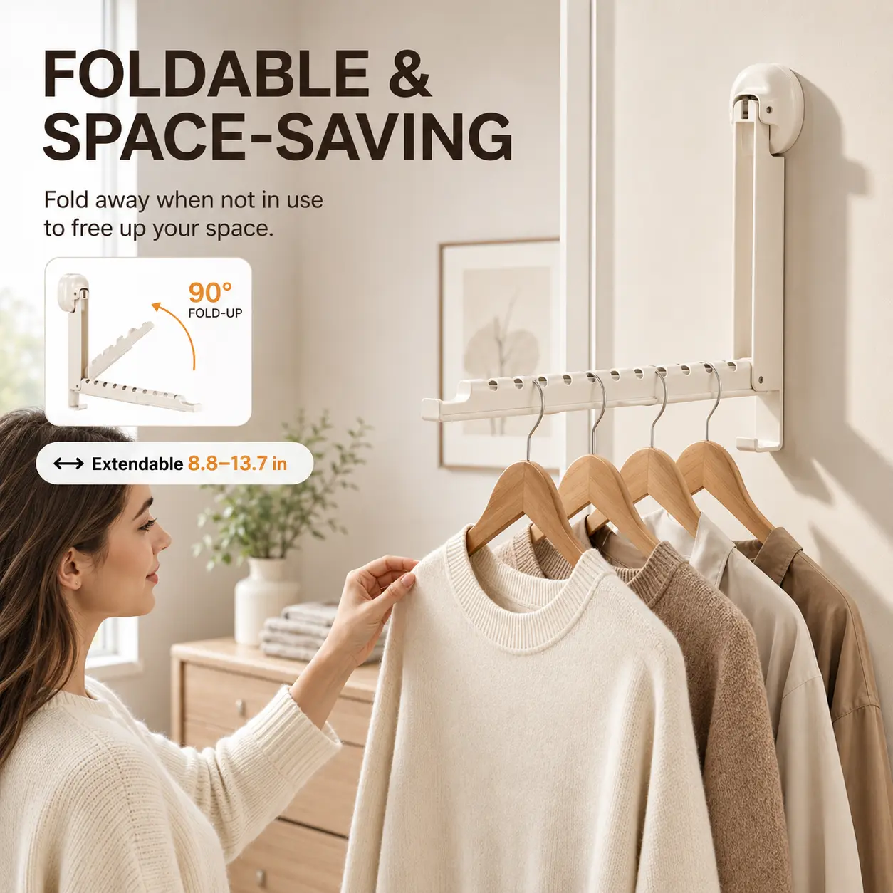 Foldable Telescopic Clothes Drying Rack, No-Drill Suction Wall Mounted Hanger, 8.8-13.7 in Extendable Space-Saving Clothes Rack