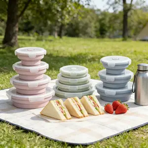 Silicone Lunch Box Set of 4, Lightweight Travel Food Container with Lids, Portable Food Storage Box, Leakproof Design Microwave Safe Stackable Lunch Boxes for Plane, Picnic, Outdoor Activities