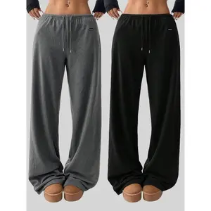 Women’s solid drawstring-waist sweatpants, casual comfortable loose-fit pants for daily wear, going-out bottoms, ladies’ bottoms for fall and winter, wide-leg pants, baggy jogging pants, fitness yoga pants