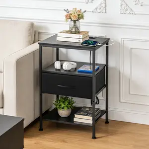 Bedside table, with built-in USB/ C-type port sockets and adjustable drawers, 3-layer storage rack, and fabric drawers.