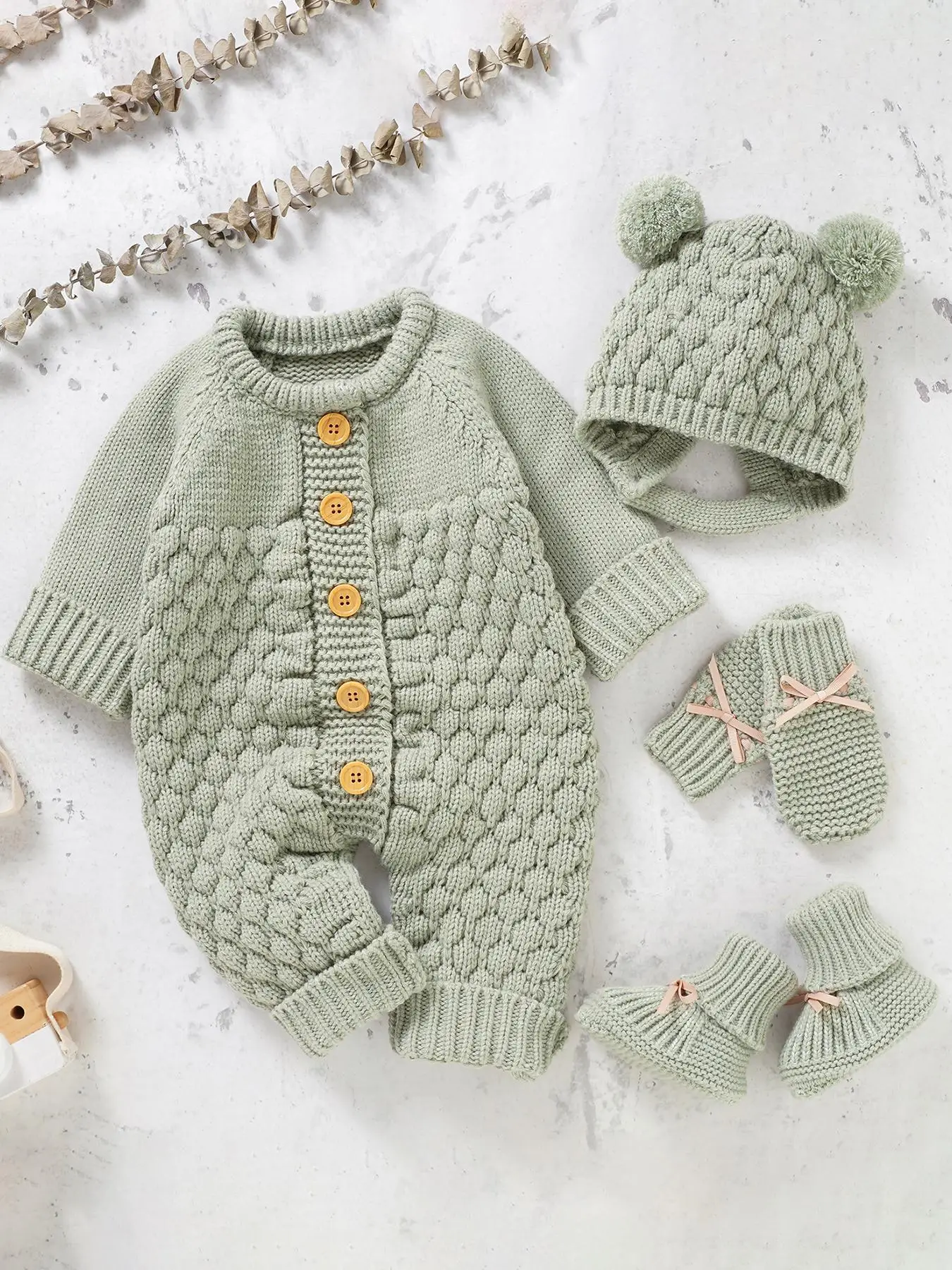 Baby's Button Front Sweater Jumpsuit & Pom Pom Decor Baby Bonnet & Bow Decor Mittens & Knit Baby Shoes Set, Cute Onesies Set for Newborn Infant Kids