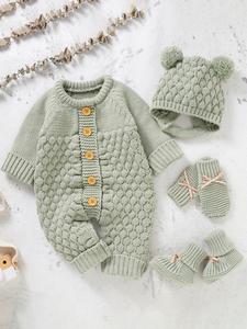 baby's button front sweater jumpsuit & pom pom decor baby bonnet & bow decor mittens & knit baby shoes outfit set, cute clothes set, cute onesies set for newborn infant kids,