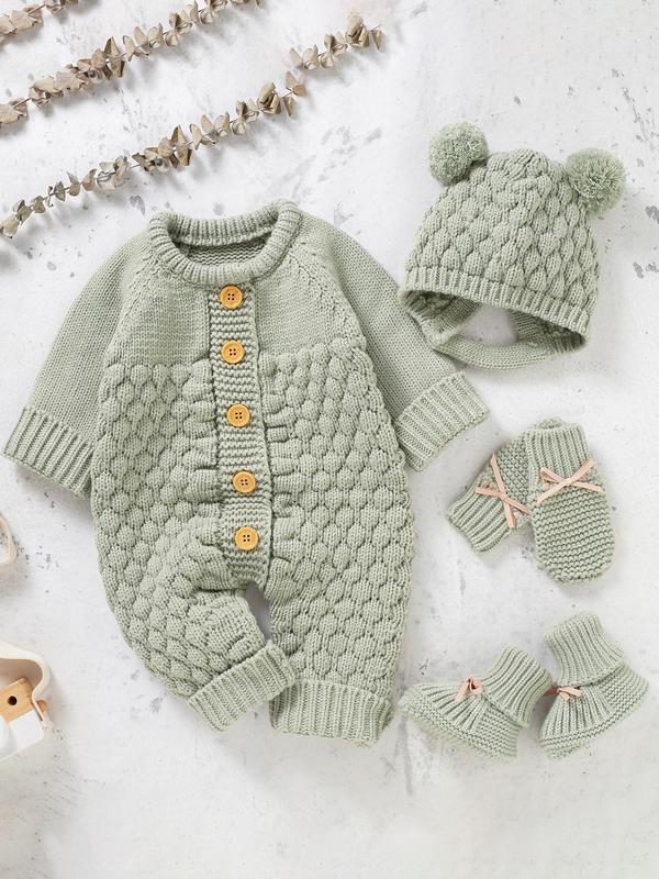 Baby's Button Front Sweater Jumpsuit & Pom Pom Decor Baby Bonnet & Bow Decor Mittens & Knit Baby Shoes Set, Cute Onesies Set for Newborn Infant Kids, Newborn Gift Set, Baby Clothing