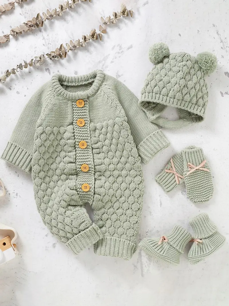 Baby's Button Front Sweater Jumpsuit & Pom Pom Decor Baby Bonnet & Bow Decor Mittens & Knit Baby Shoes Set, Cute Onesies Set for Newborn Infant Kids, Newborn Gift Set, Baby Clothing