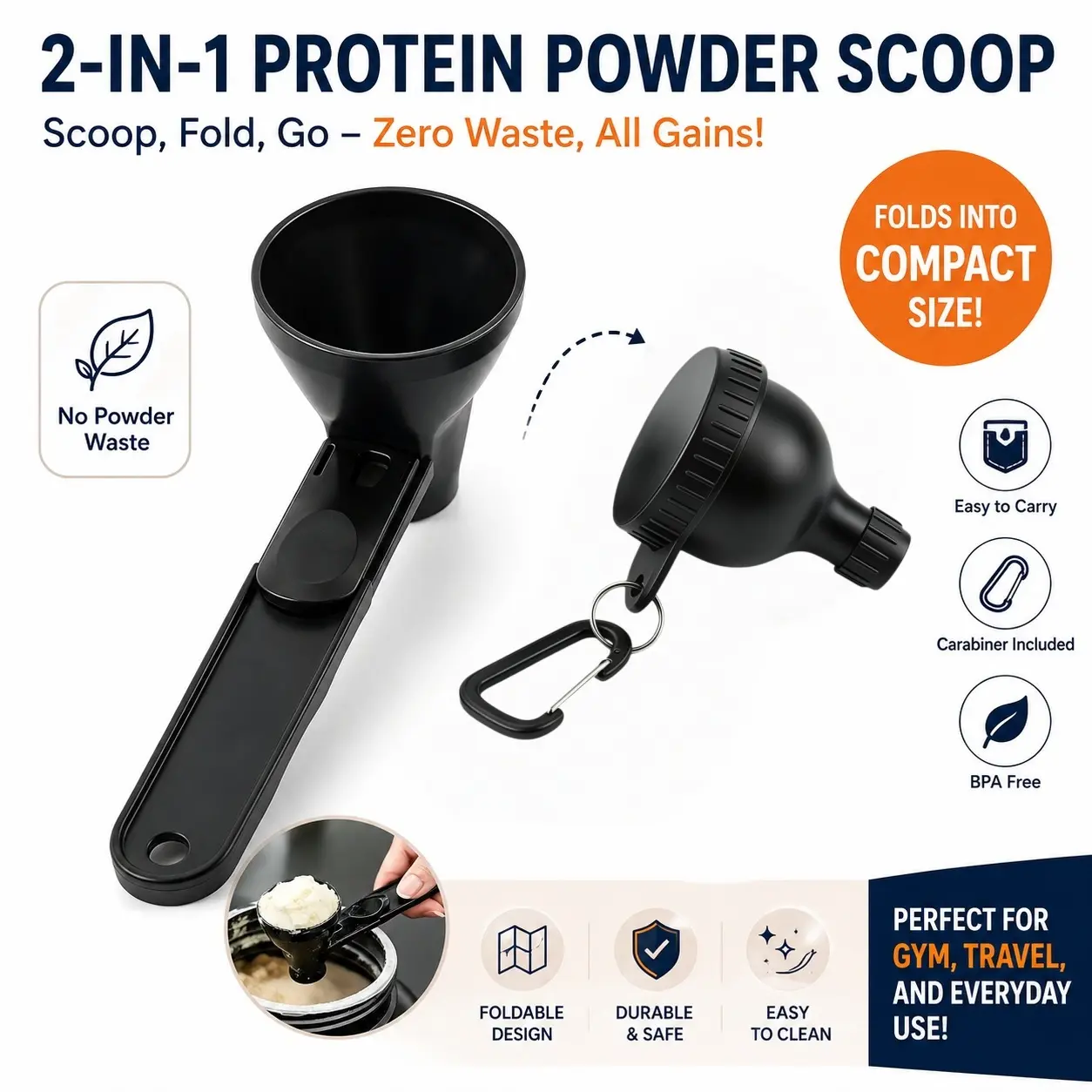 [Buy 1 Get 1 Free] 2pcs-Black Protein Funnel Sliding Scoop Storage Container, 2 Piece Sets, Sturdy Sustainable Fitness Essential, Everyday Use for Pre-Workout Creatine Powder, Ideal Valentine’s Day Gift for Boyfriends