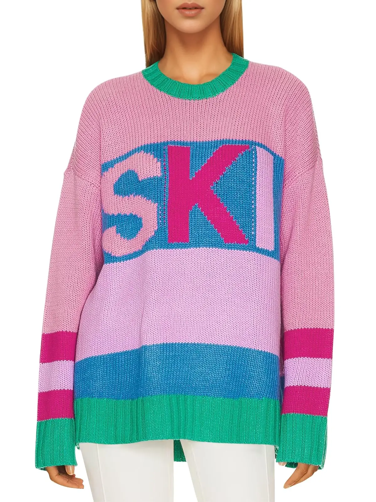 Women's Color Block Ski Print Sweater, an Essential Oversized Crew Neck Lightweight Knitwear Top with Long Sleeves, Breathable, Tops, Classic Crew, Colorblock, Loose-Fitting